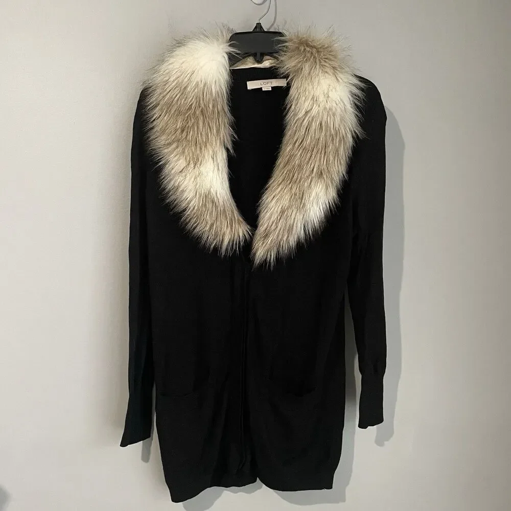 LOFT Faux Fur Collar Wool Blend Black Cardigan Size M Pockets Lightweight Button